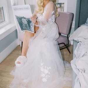 Bridal Robe with floral appliqués, butterfly and beading/pearls by Inna Elise